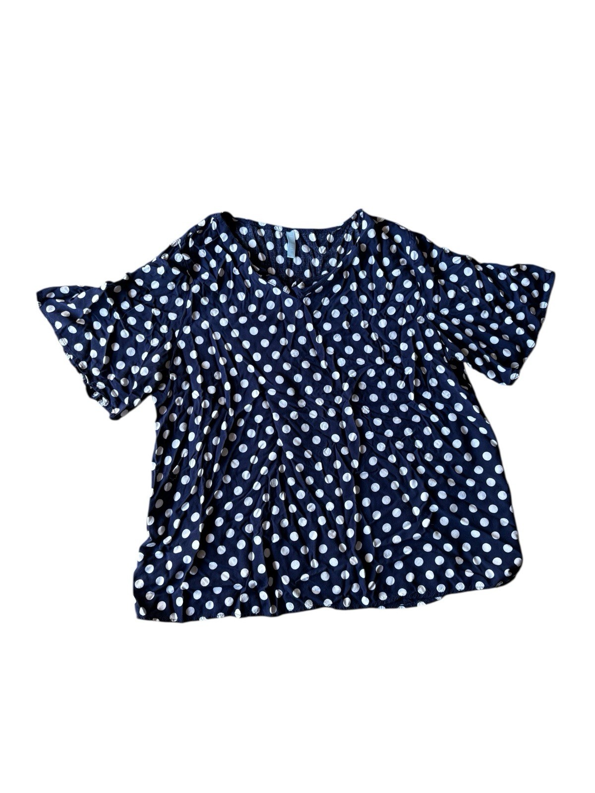 ✨Navy blue and white polka dot blouse with short sleeves and round neckline✨