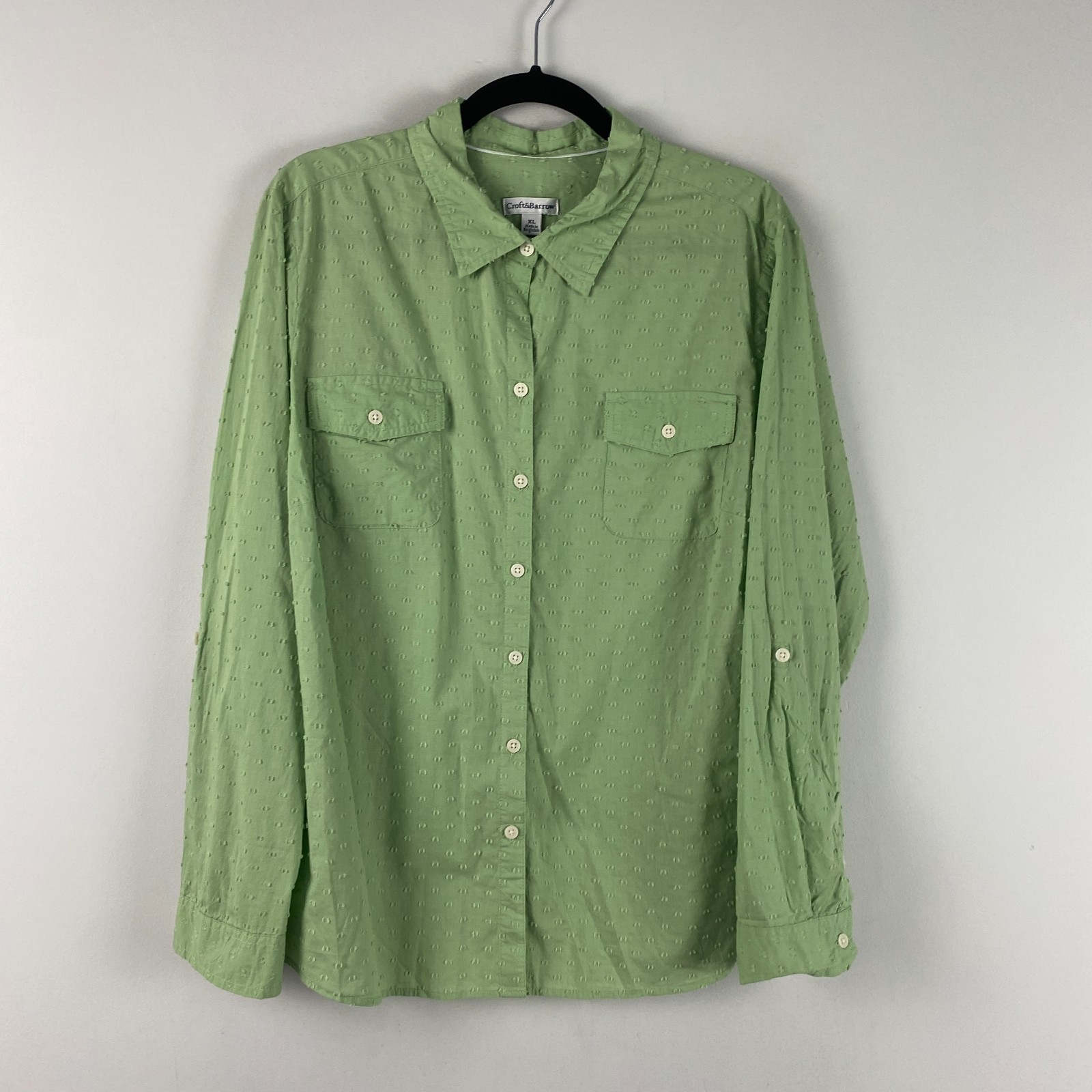 Croft & Barrow Button Up Shirt Size XL Green Textured Utility Roll Tab Sleeves