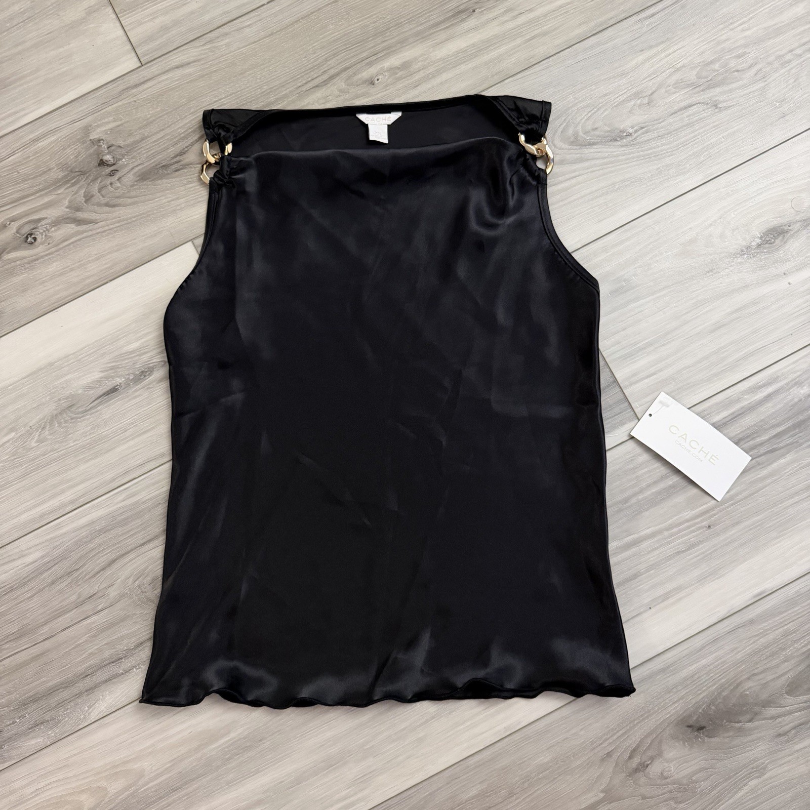 Cache Satin Black Sleeveless Top Gold-tone Ring Hardware Size XS