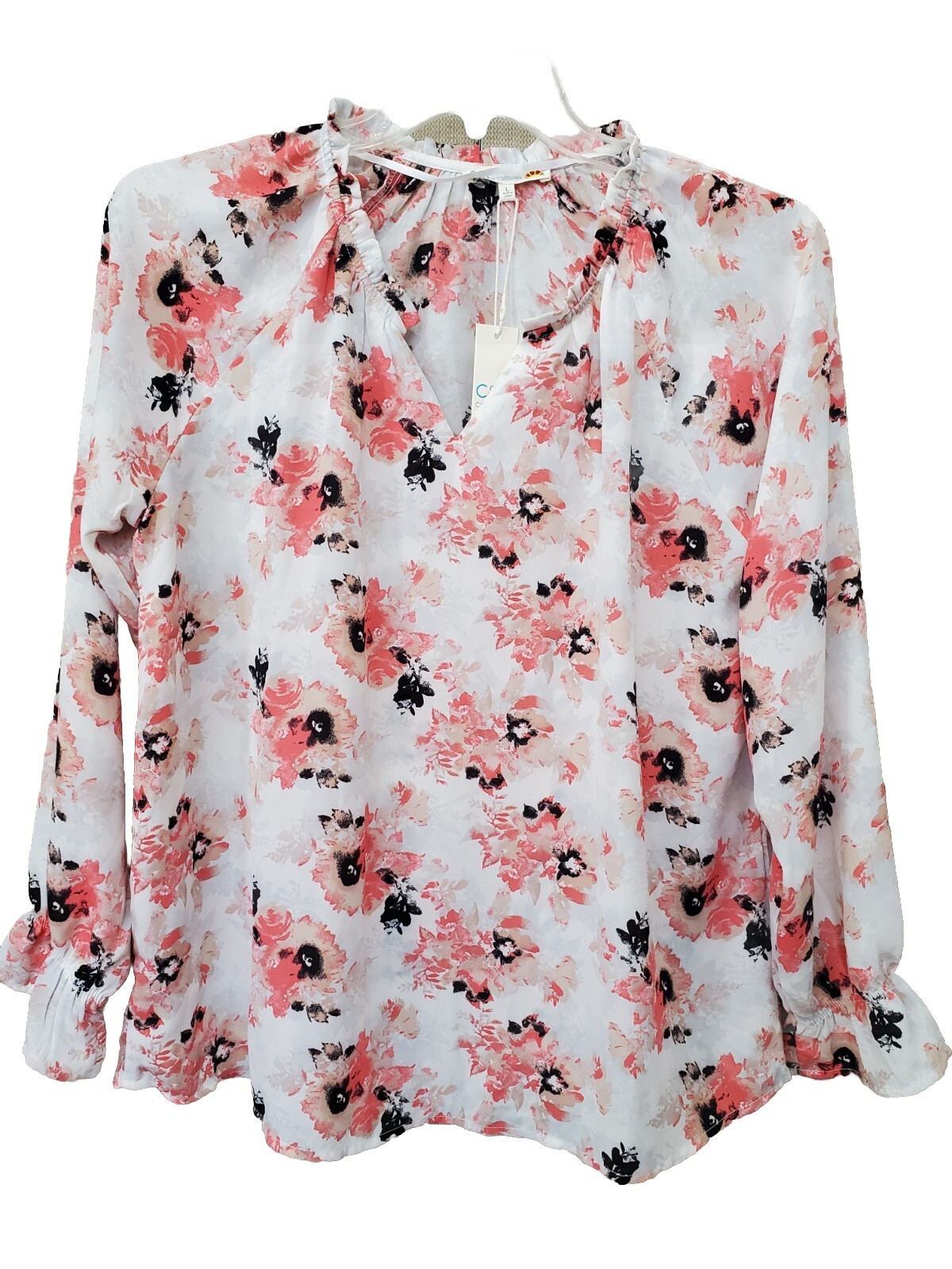 C & C California Long Sleeve Pink Floral Ruffle Neck Blouse Size Large NWT