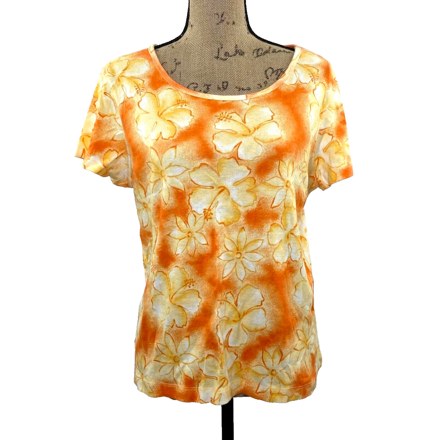 Catalina Ladies Size XL (16/18) Short Sleeve Top Floral Hibiscus Orange Cotton