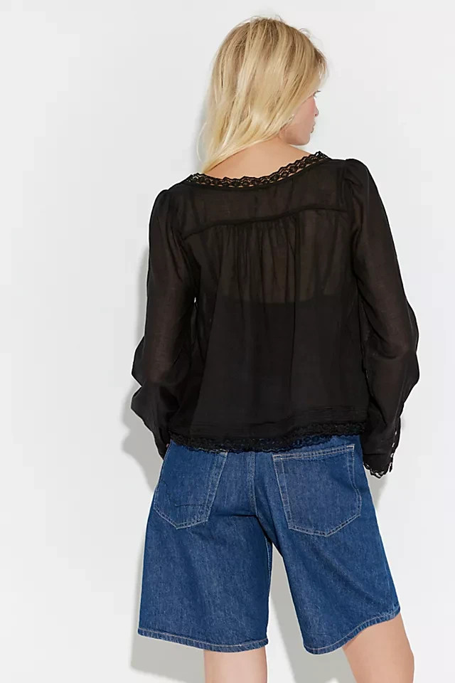 Free People Forevermore Long-Sleeve Blouse Top Lace Black Cropped Button New XS