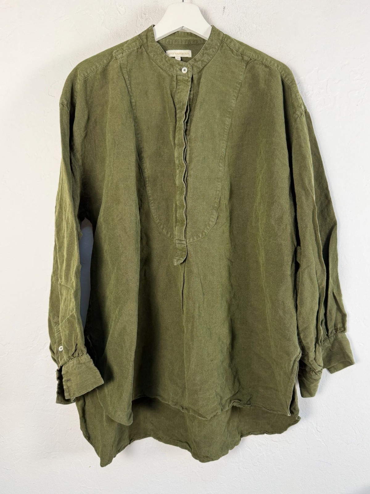 Ann Mashburn Tunic Women’s Silk Linen Blend Olive Green Band Collar Shirt XL