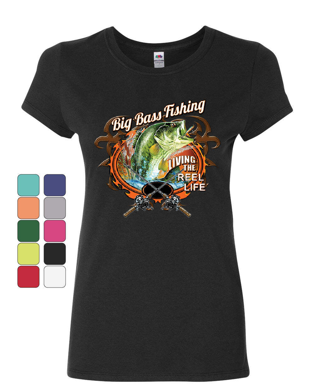 Big Bass Fishing Women’s T-Shirt Living the Reel Life Fisherman Spinning Shirt