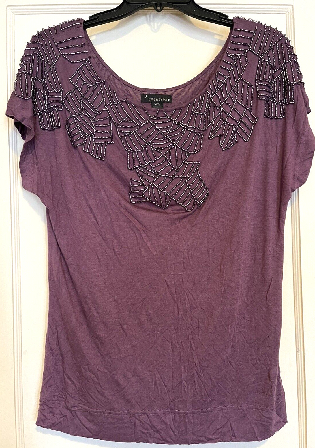 Twentyone-Purple Beaded Top Size Medium dolman style draped sleeve hip length