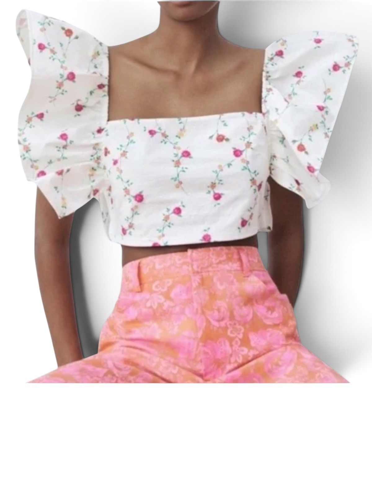 zara Crop Top womens size M floral white Flutter square neck Cottage NWOT