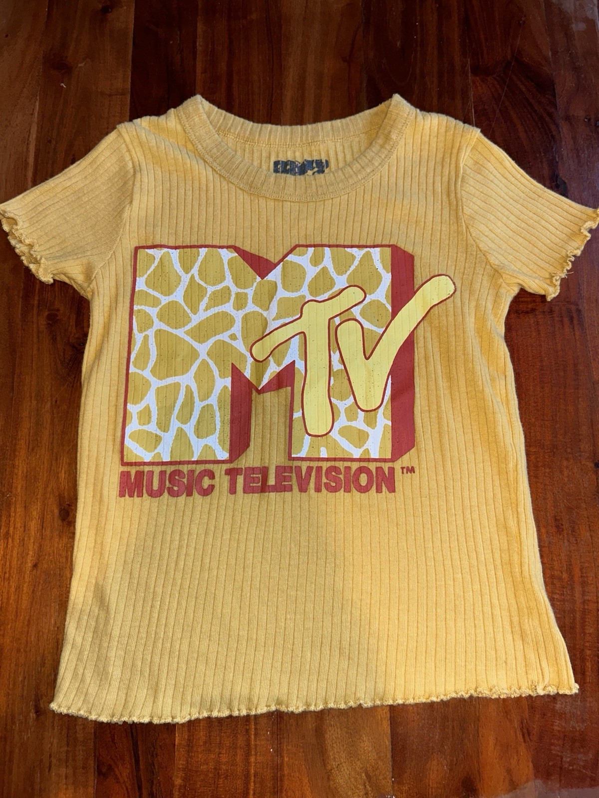 Officially Licensed MTV Ribbed Yellow Baby Tee Featuring Giraffe Print Logo XS