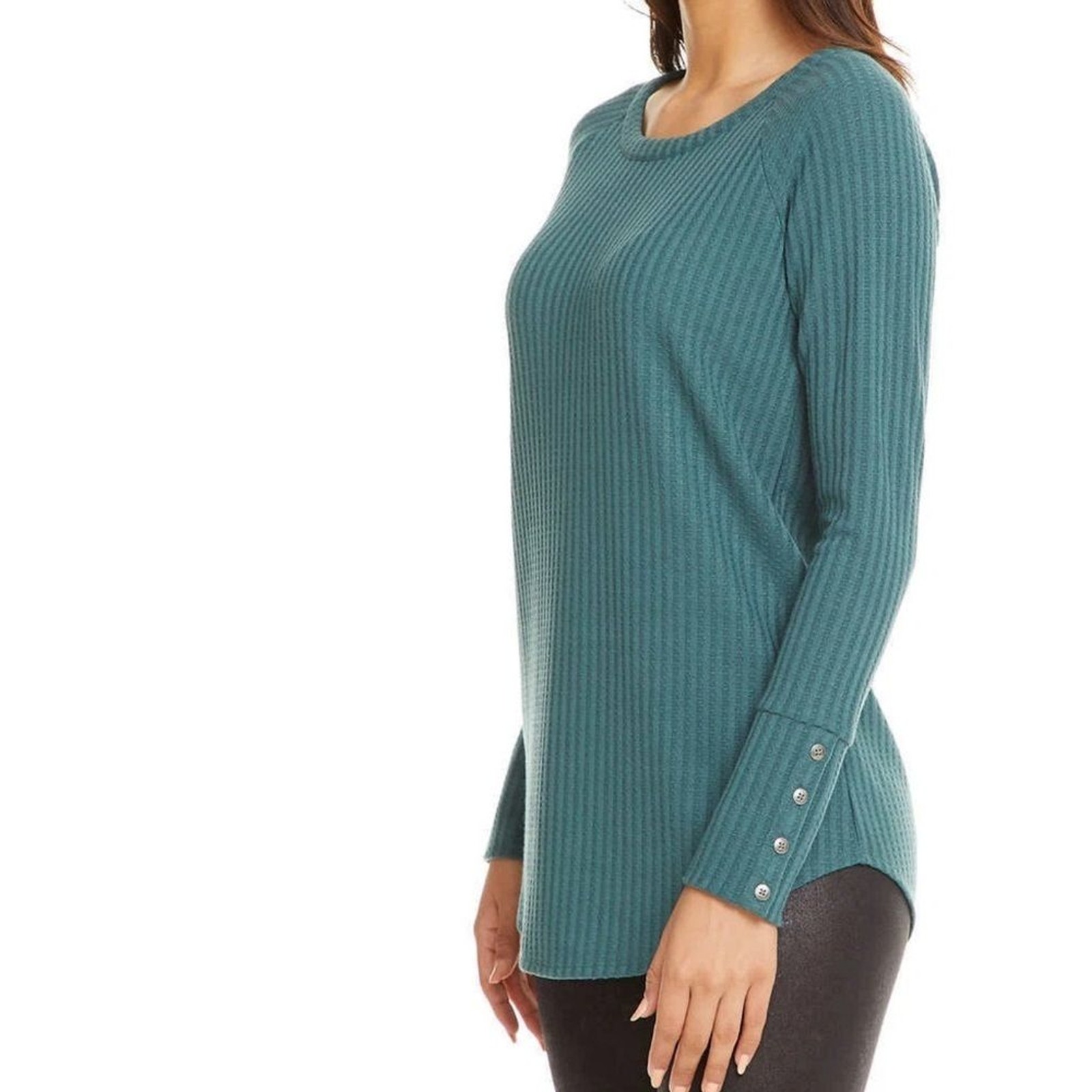 CHASER Long Sleeve Thermal Top Waffle Knit Button Cuff Green Blue Size Small