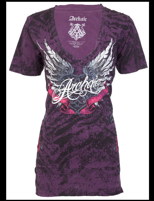 ARCHAIC by AFFLICTION Purple BIG LOVE Sinful Womens Short Sleeve T-shirt NWT