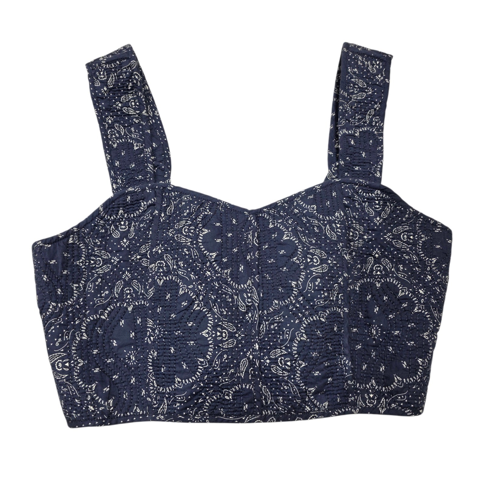 Madewell Quilted Sweetheart Crop Top Navy White Paisley Smocked Tank 10 NM389