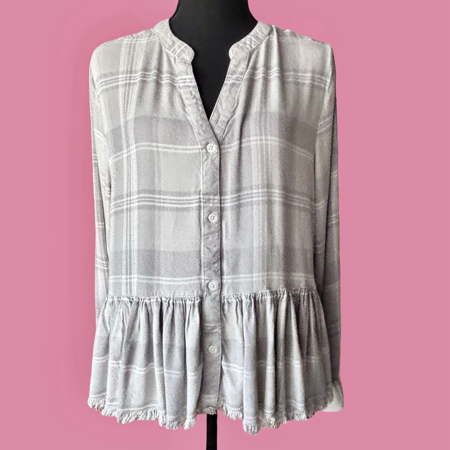 MUD PIE Prescott Flannel Top Gray Plaid Peplum Waist Frayed Hem Women’s Size M