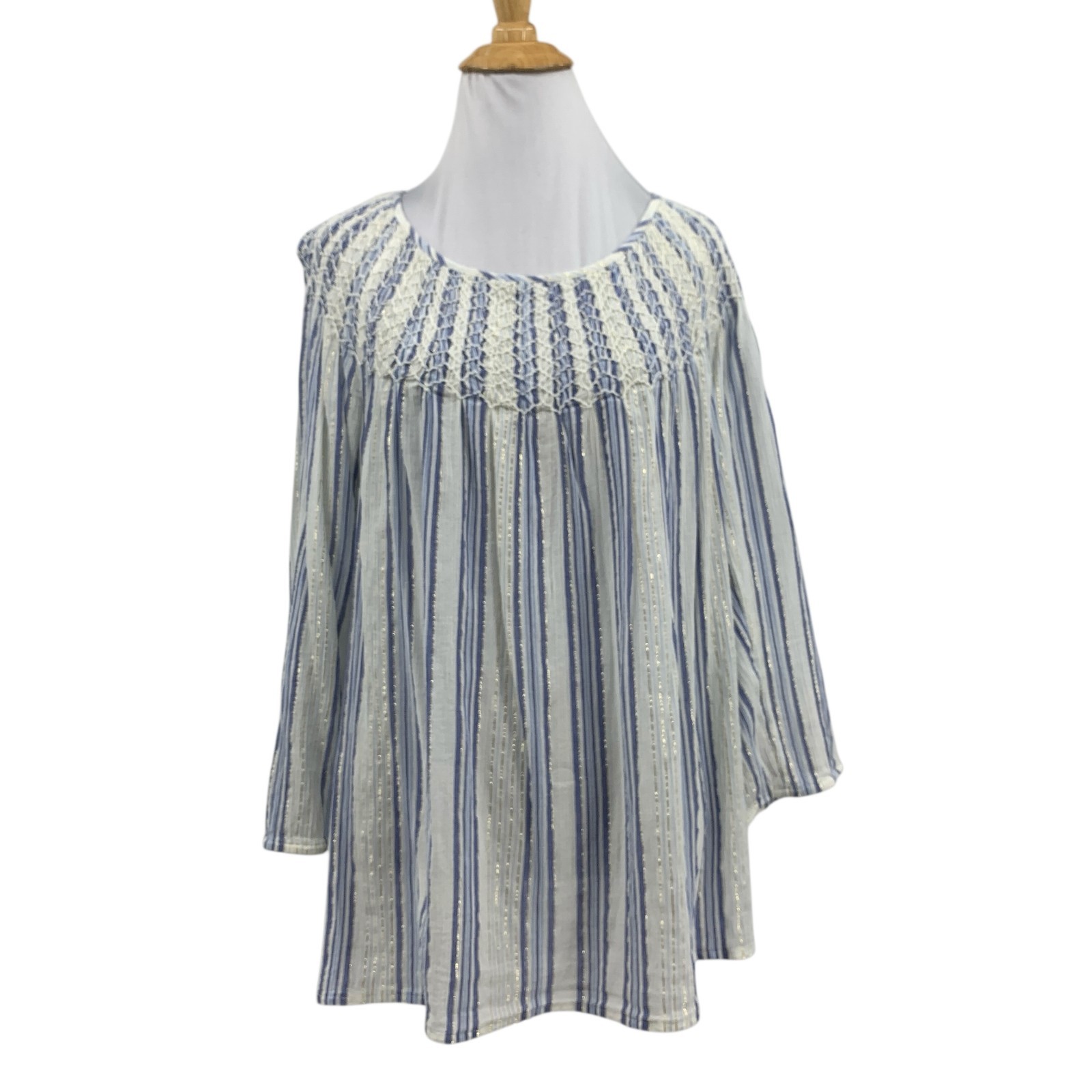 J Jill Blouse Womens M Medium White Metallic Gauzy Striped Peasant Smocked Neck