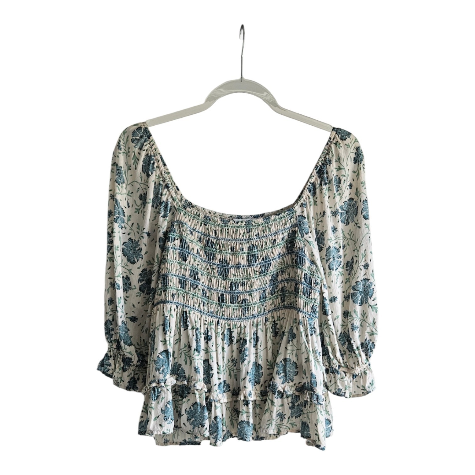 American Eagle Womens M Blouse Puff Sleeves Floral Smocked Bodice Cottagecore