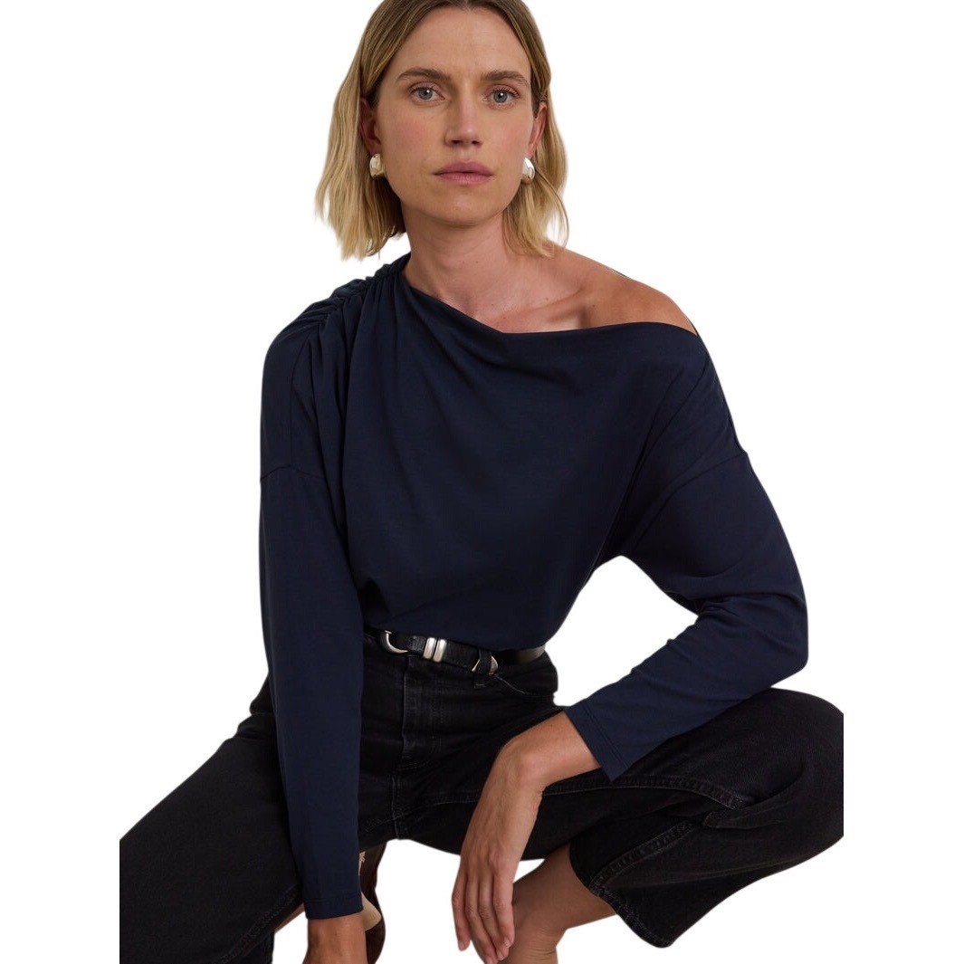 Nation Los Angeles Pietra Off Shoulder Navy Cotton Long Sleeve Top Medium