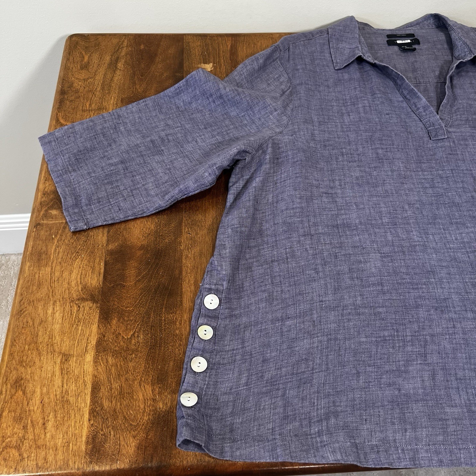 Tahari Womens 100% Linen Tunic Top 3X Blue Split Neck Popover Button Side Detail