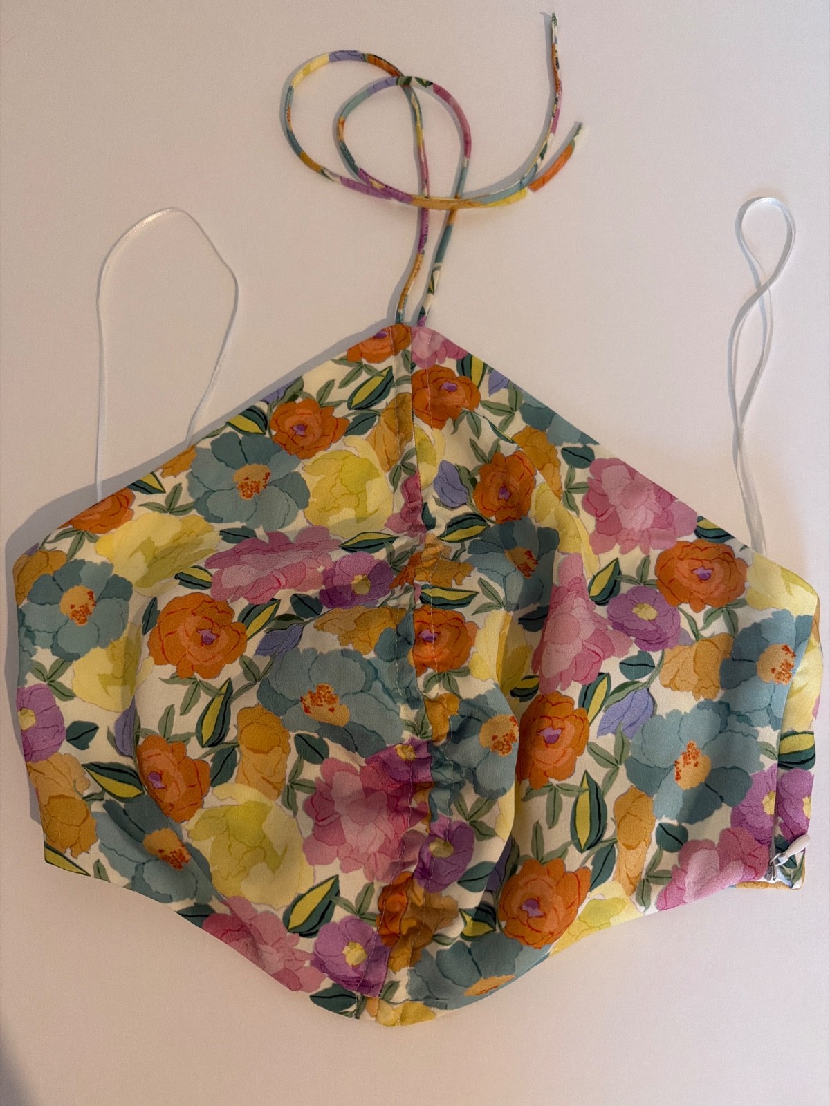 ZARA Floral Halter Medium Top Ruched Cropped Halter Blouse Open Back Multicolor