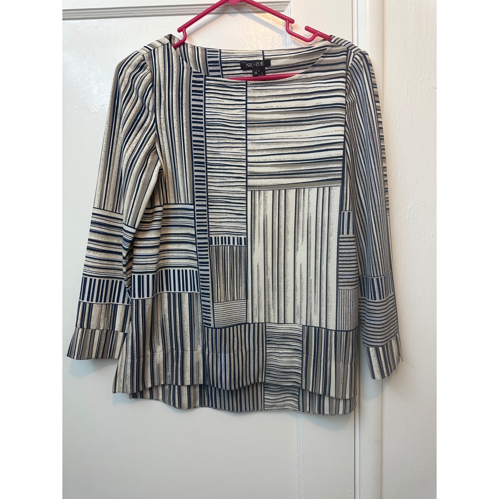 Nic + Zoe Womens XS Navy Cream Striped Geometric Grid Boat Neck Blouse Top