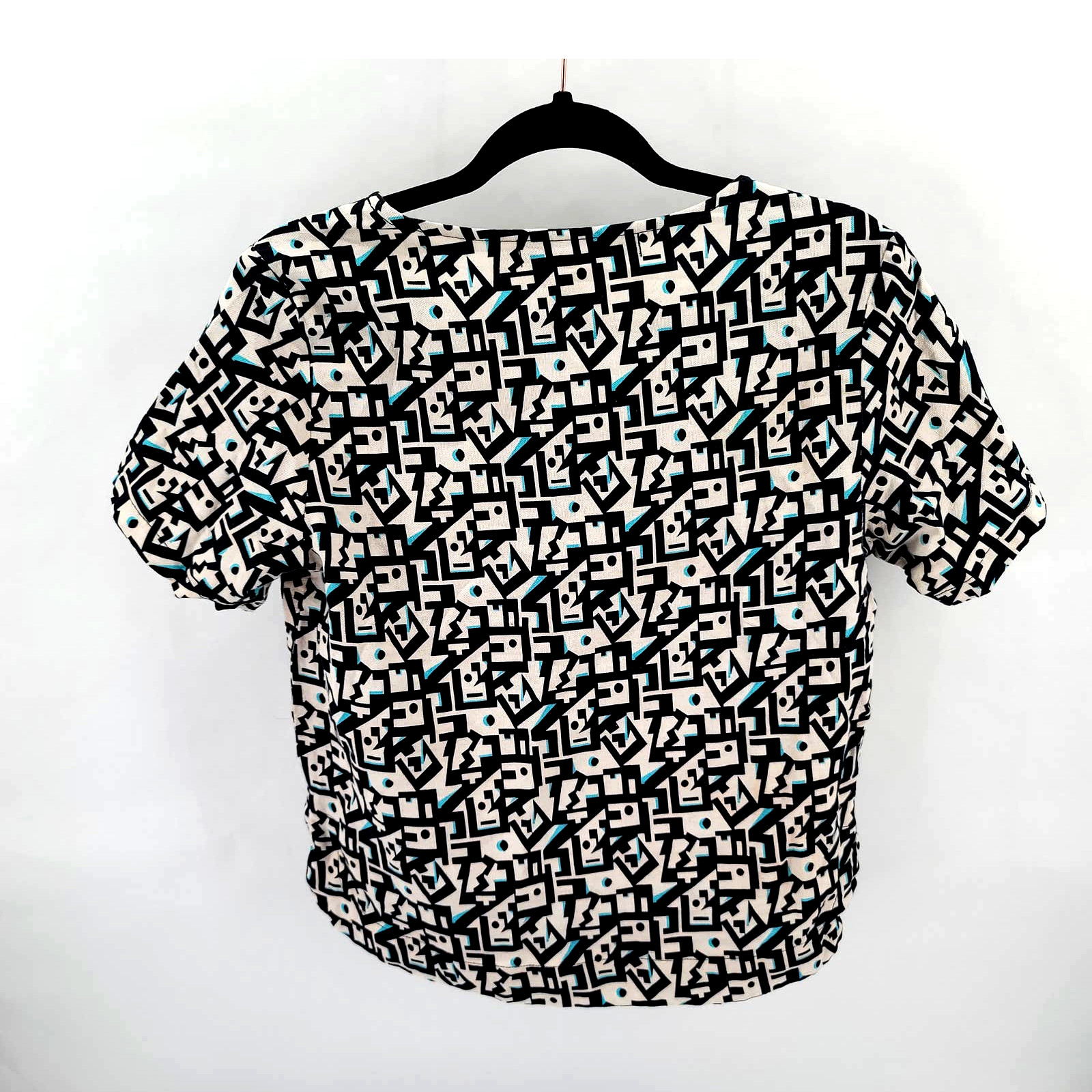 Black White Geometric Print Boxy Top Minimalist Modern Art Graphic Shirt S