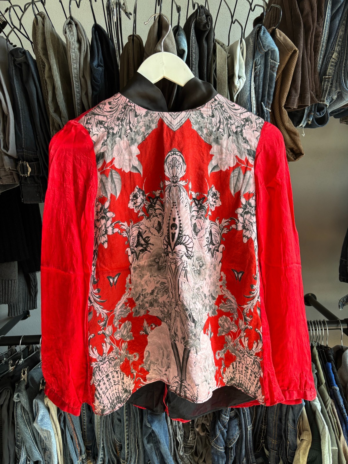 00s Roberto Cavalli Silk Blend Blouse Tie Neck Floral Graphic Designer Y2K Top