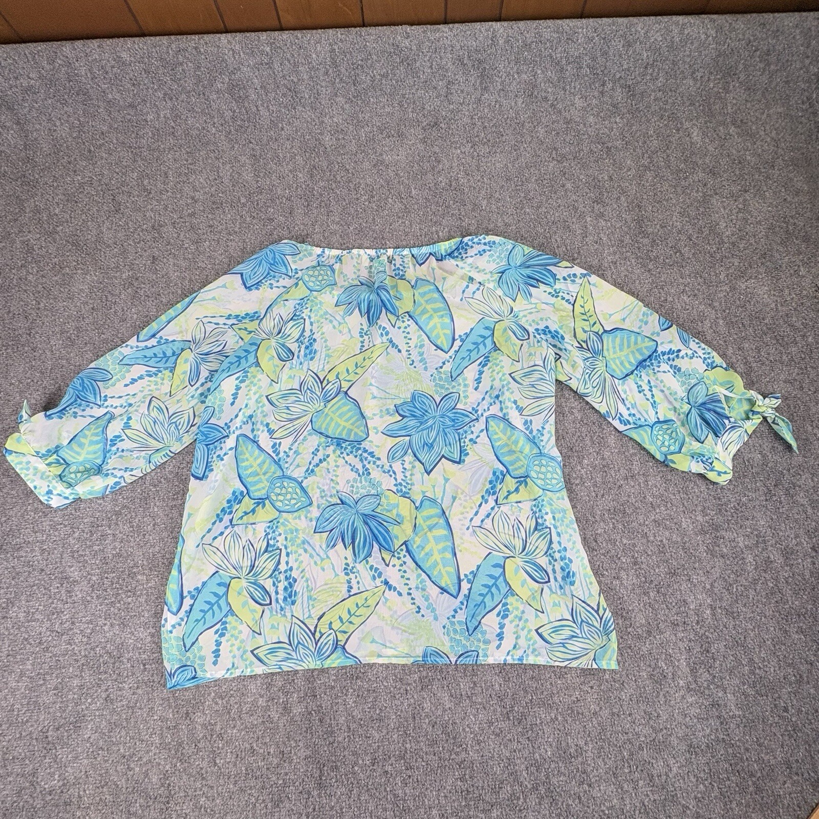 Island Republic Blouse Womens L Blue Hawaiian Tropical Sheer Tie Sleeves Boho