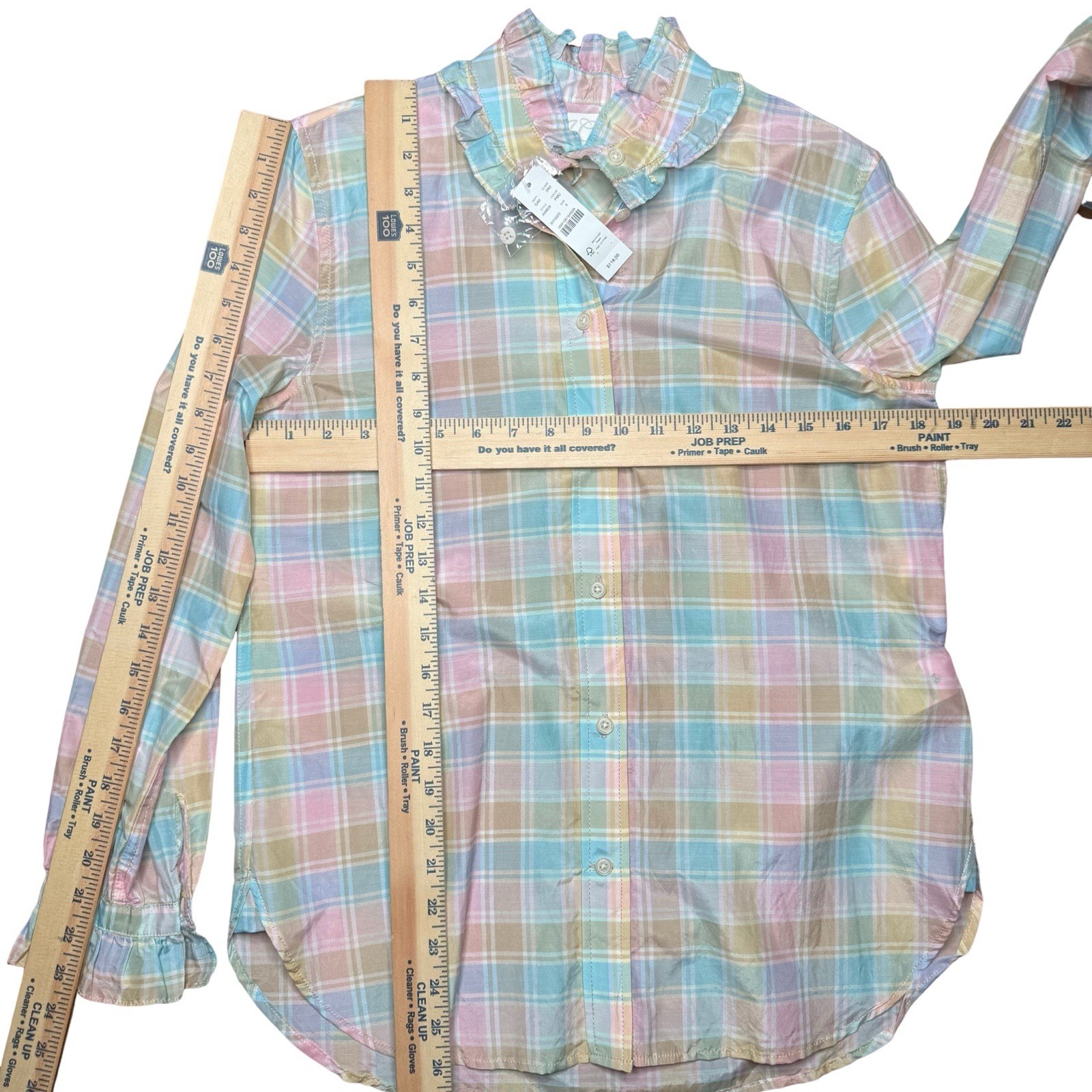 NWT J Crew Silk Cotton Ruffle Button Up Shirt 4 (S) Plaid Lightweight Pastel