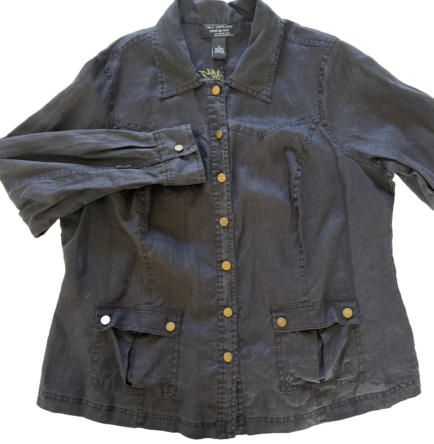 VTG Boho Shacket Breathable Ramie EMBROIDERED SHIRT JACKET Womens Plus 1X