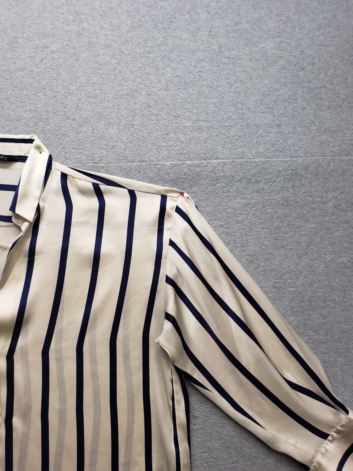 Zara Women Tops S Cream Navy Blue Striped Button Front Collared Long Sleeve City