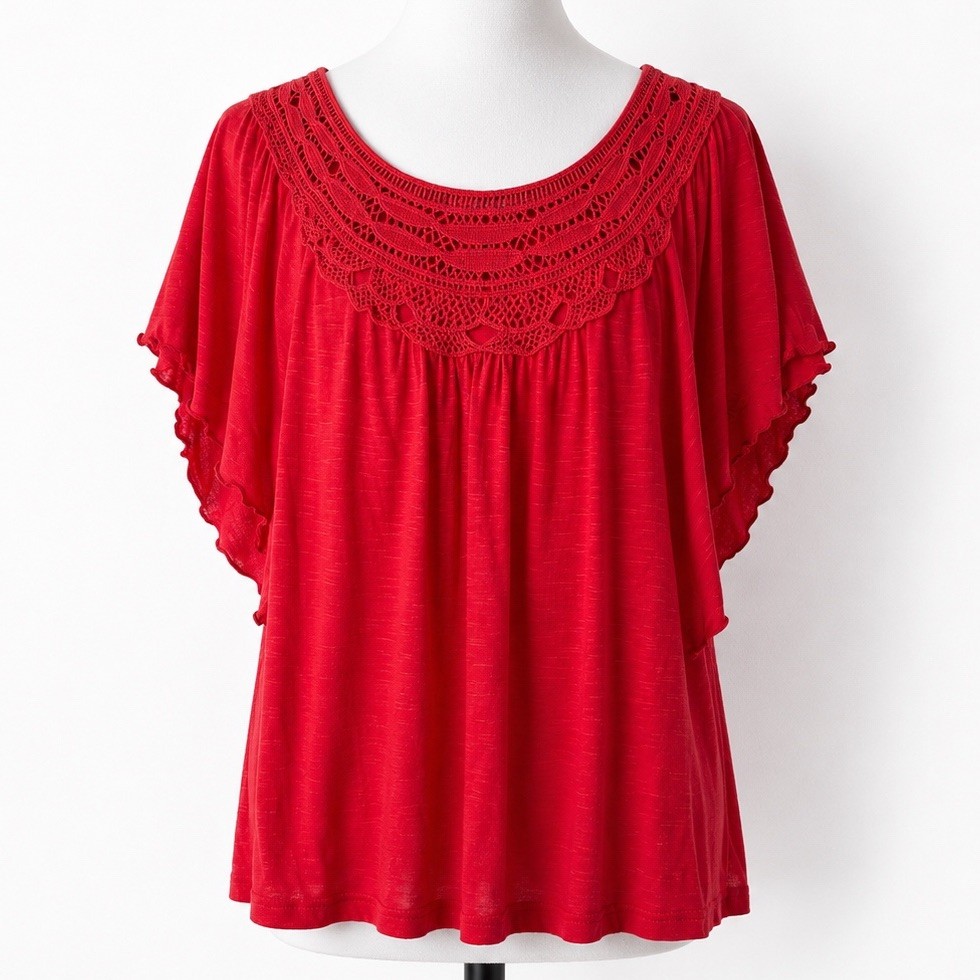 IZ Byer Knit Top Size S Flutter Sleeve Lipstick Red Round Neck Boho So Soft!