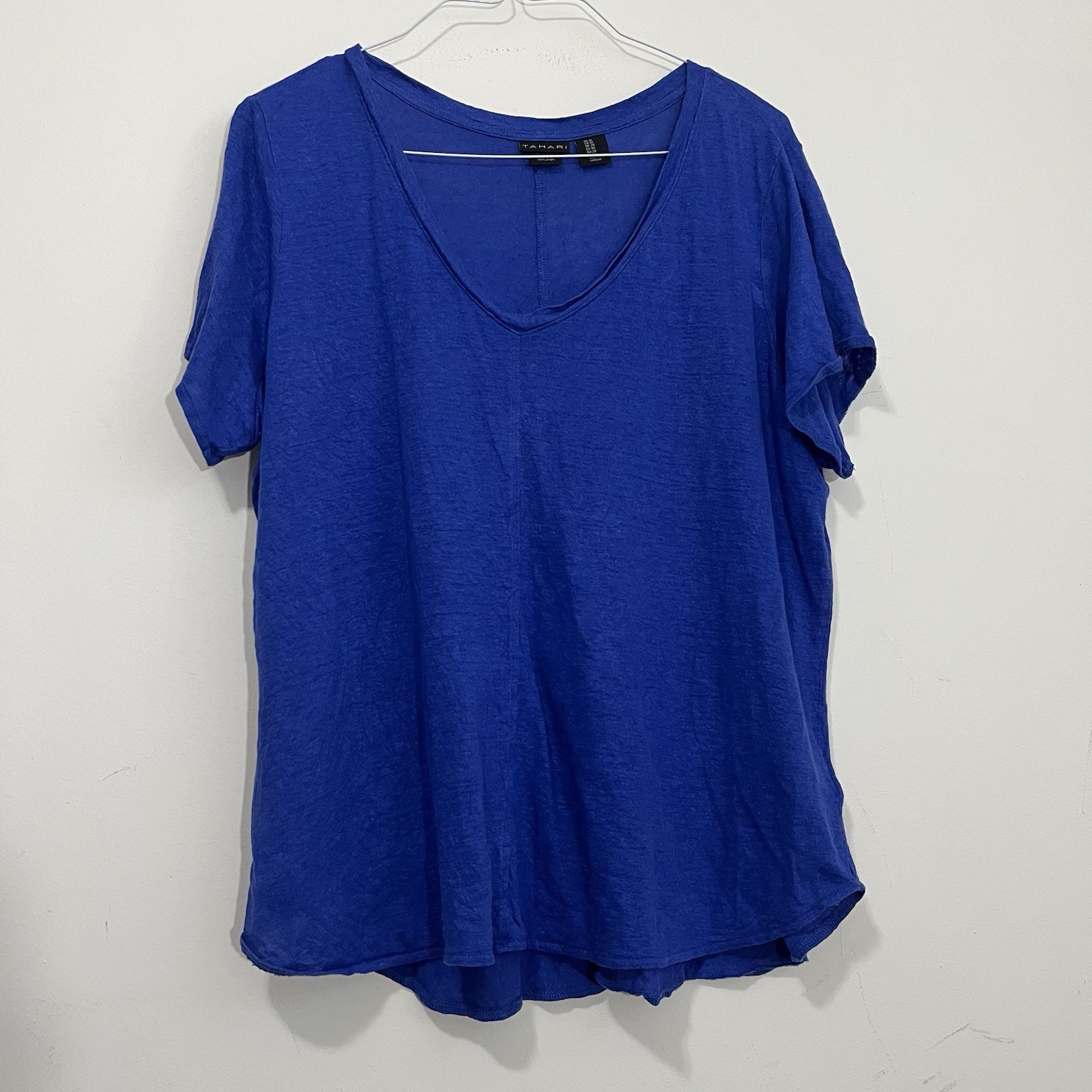 Tahari 100% Linen Blue V-Neck Short Sleeve Tee T-shirt Top 1X Hi-low Hem Coastal