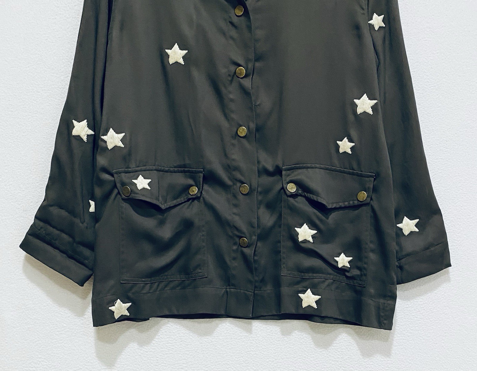 Storia Top Womens Medium Army Green Embroidered Star Snap Front Military Boho