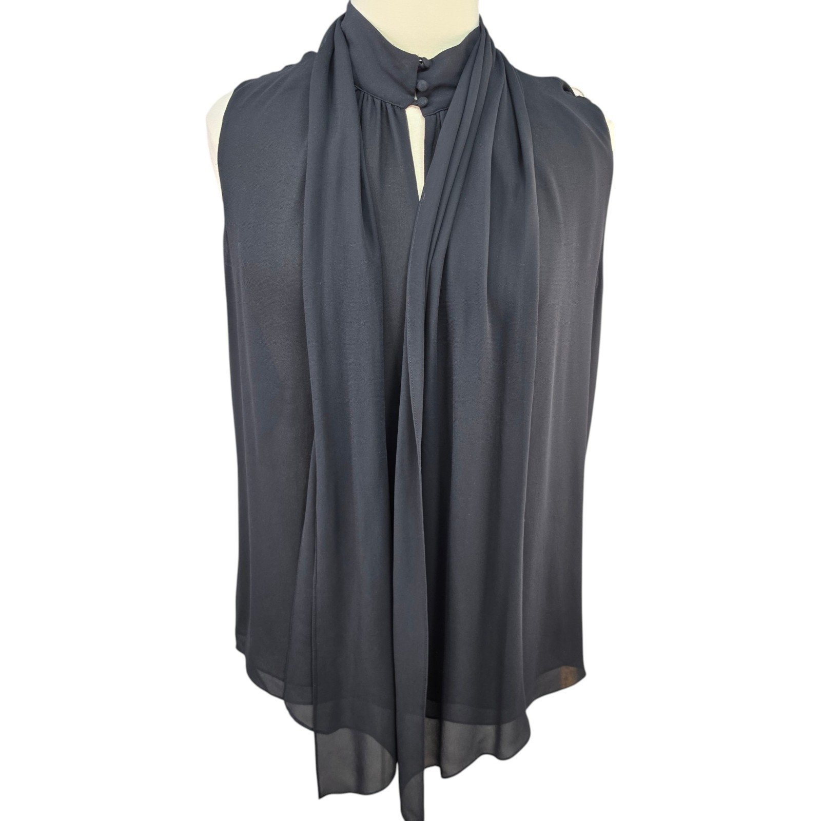 Vince Camuto Black Chiffon Sleeveless Tie Neck Blouse High Neck Career Dressy LG