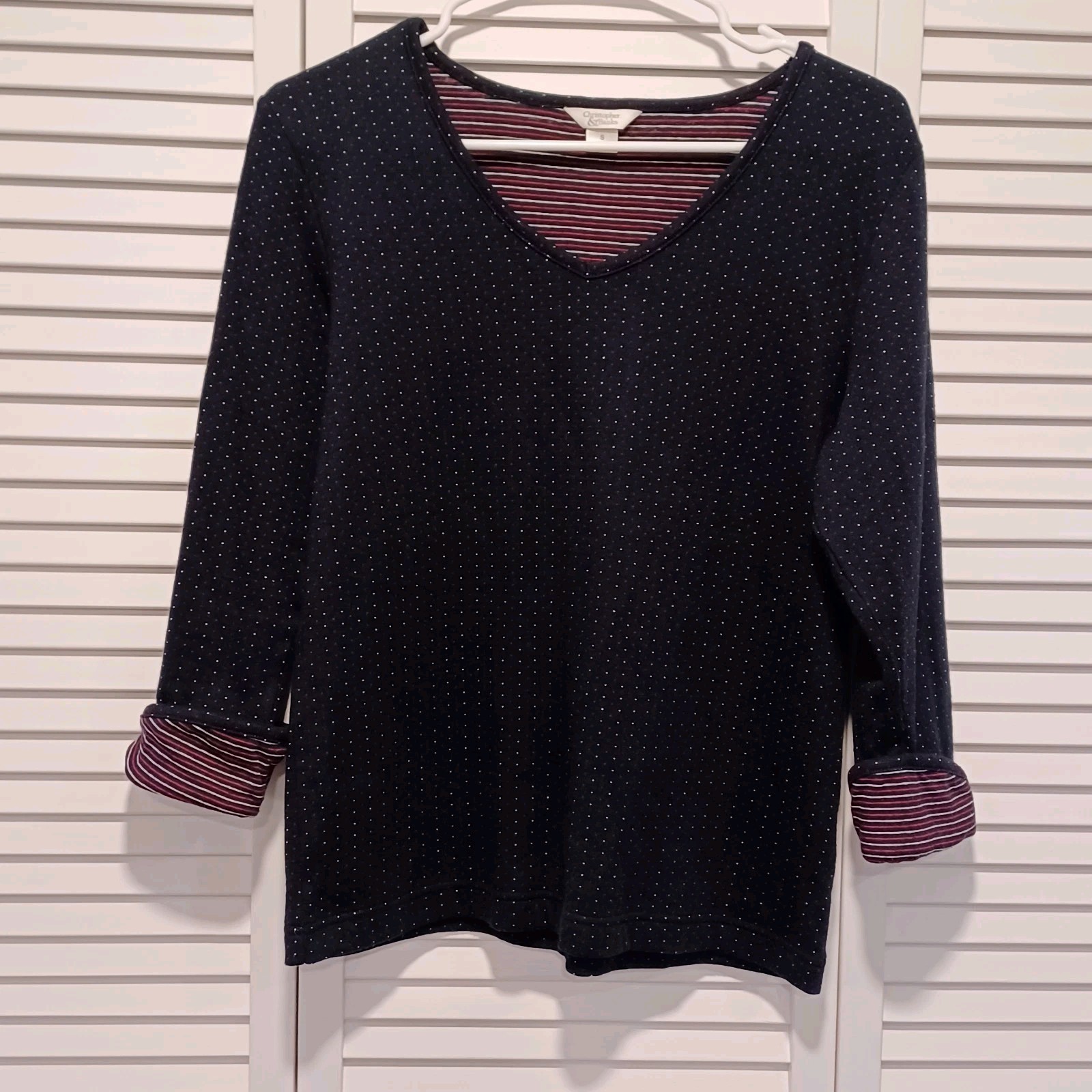 Womans Christopher Banks Shirt Black Red White Dots Size Small 3/4 sleeves