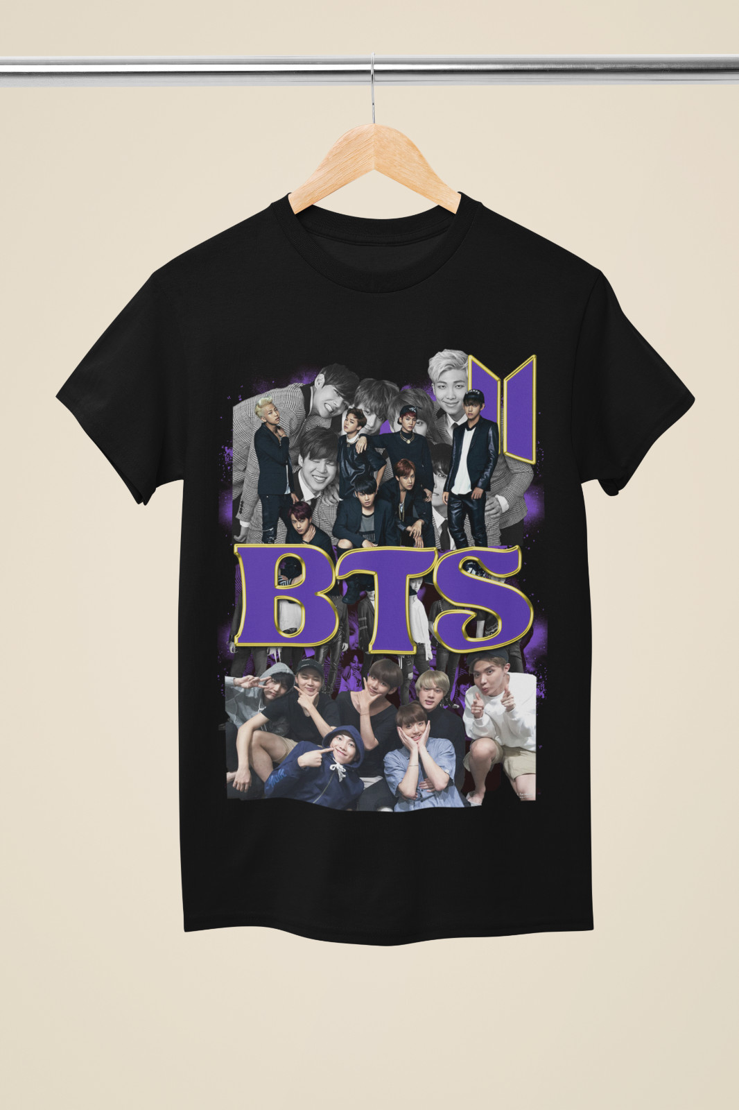 BTS Purple Bold Logo & Member Photo Collage Black T-Shirt – (MU30)