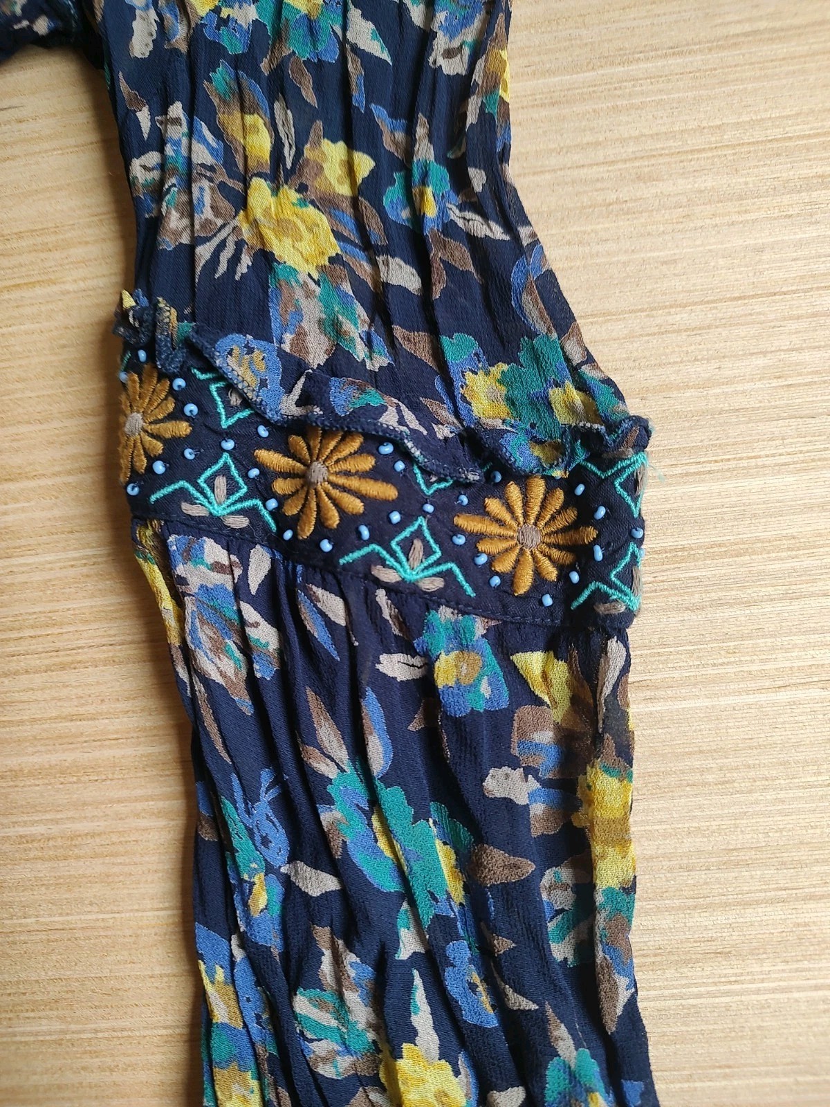 Meadow Rue Anthropologie Strasser Embroidered Blouse Beaded Top S Blue Yellow