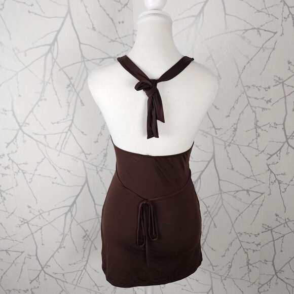 Seduction Brown Metallic Gold Woven Halter Y2K Babydoll Tank | Women’s S
