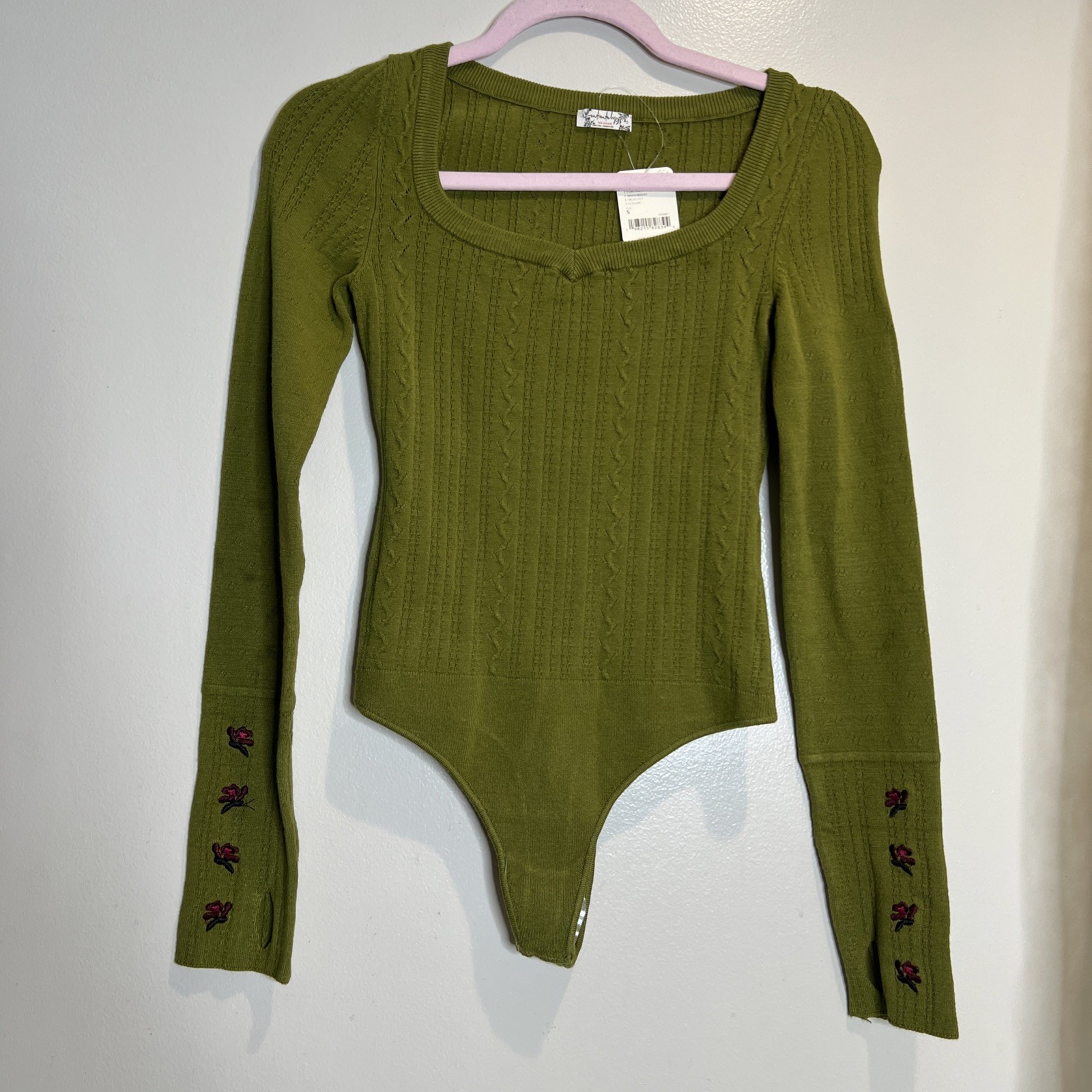 Free People Such A Dreamer Embroidered Cuff Pointelle Sweater Bodysuit Top S