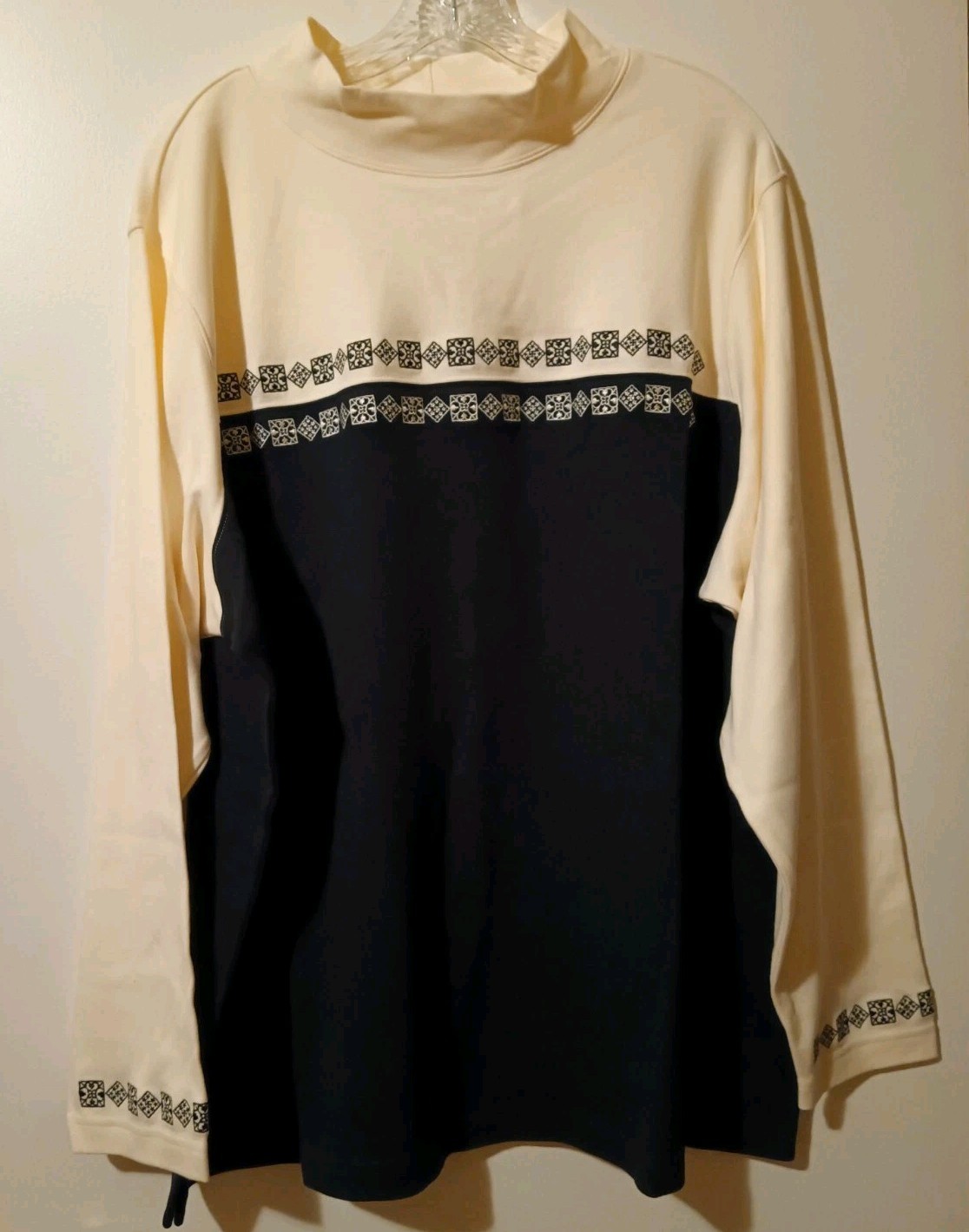 Bechamel 2X Mock Turtleneck Top Embroidered L/S Black & Ivory 100% Cotton NWT