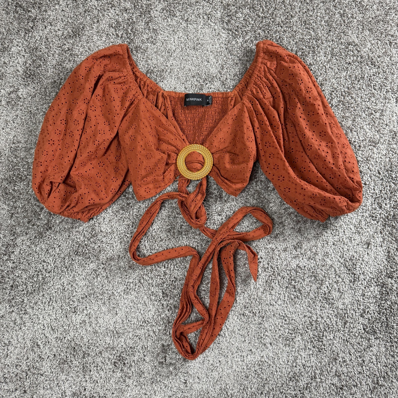 MinkPink Womens Boho Crop Top Medium Orange Puff Sleeve Eyelet Wrap Cottagecore