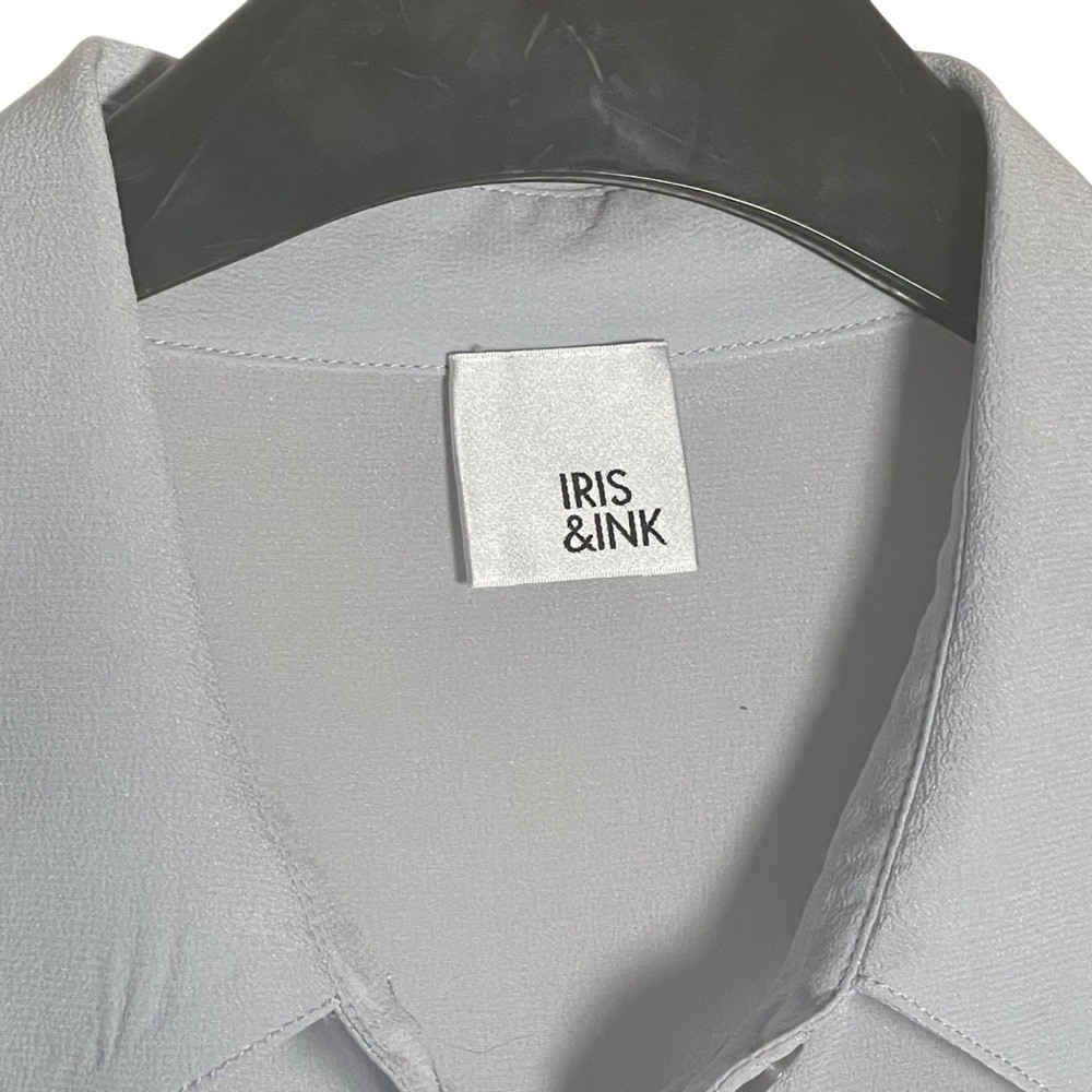 Iris&Ink Gray Long Sleeve Silk Blouse with Notched Collar