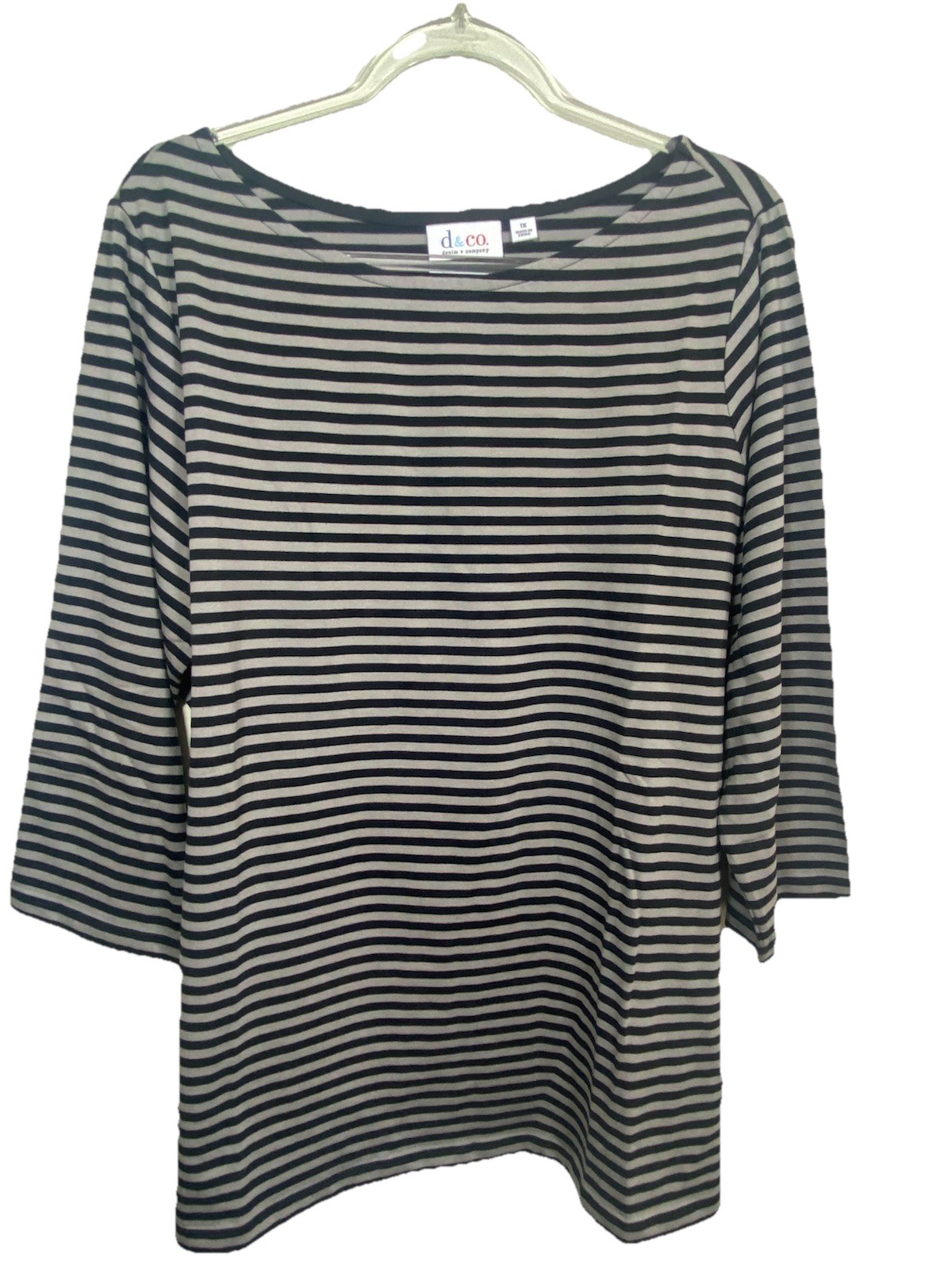 Denim & Co Size 1X Black Gray Striped Boat Neck Stretch Tunic Top 3/4 Sleeve NEW
