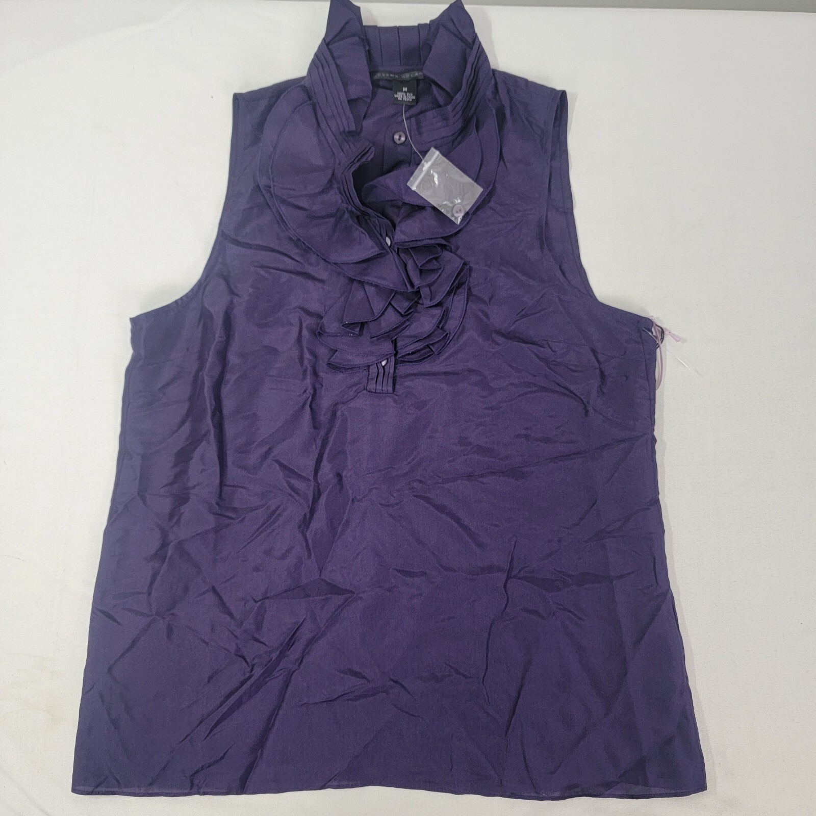 Elena Solano Women’s Sleeveless Shirt Ruffle Crimp Collar Purple Silk Sz MEDIUM