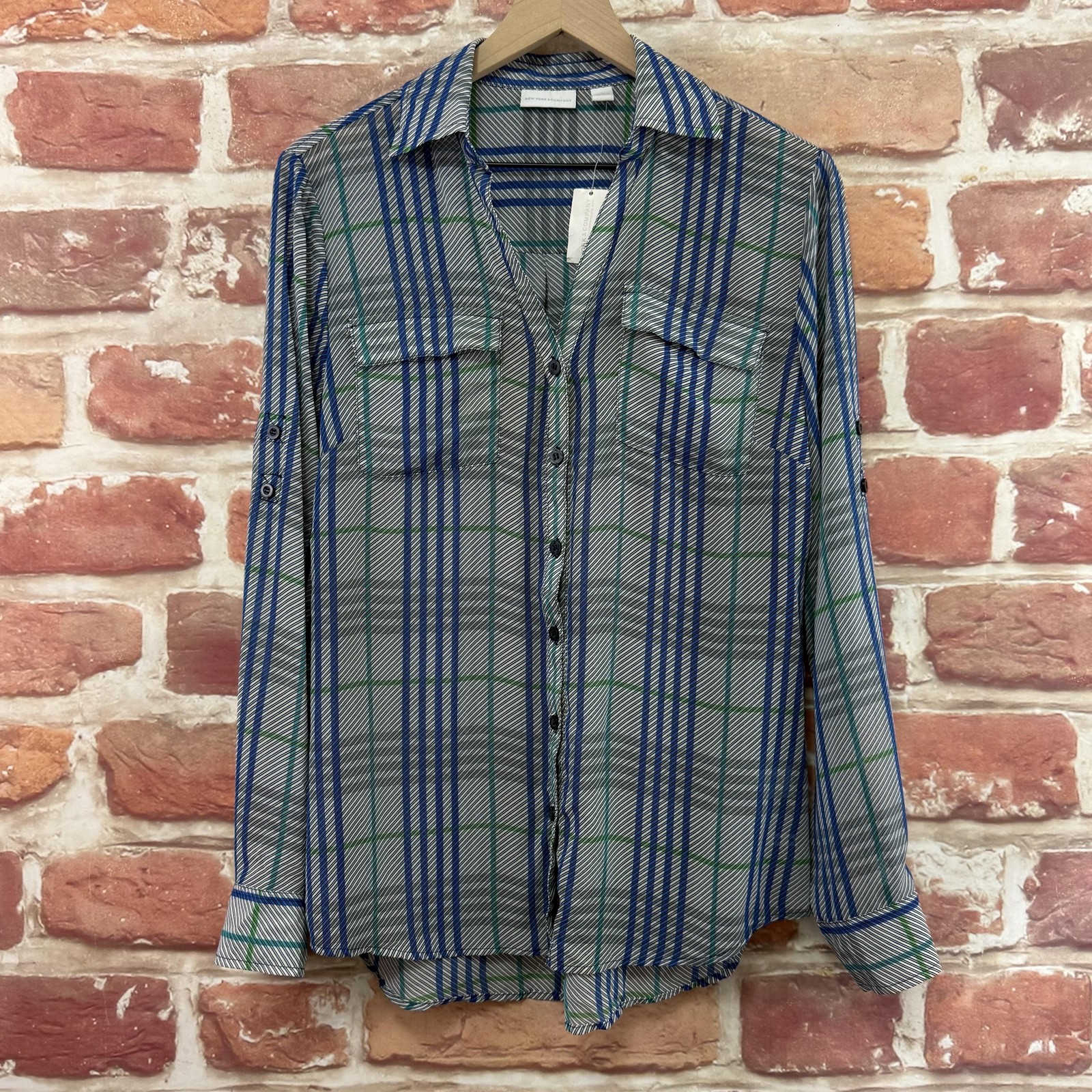 New York & Company Top Womens Large Blue Multicolor Plaid Casual Sheer Shirt