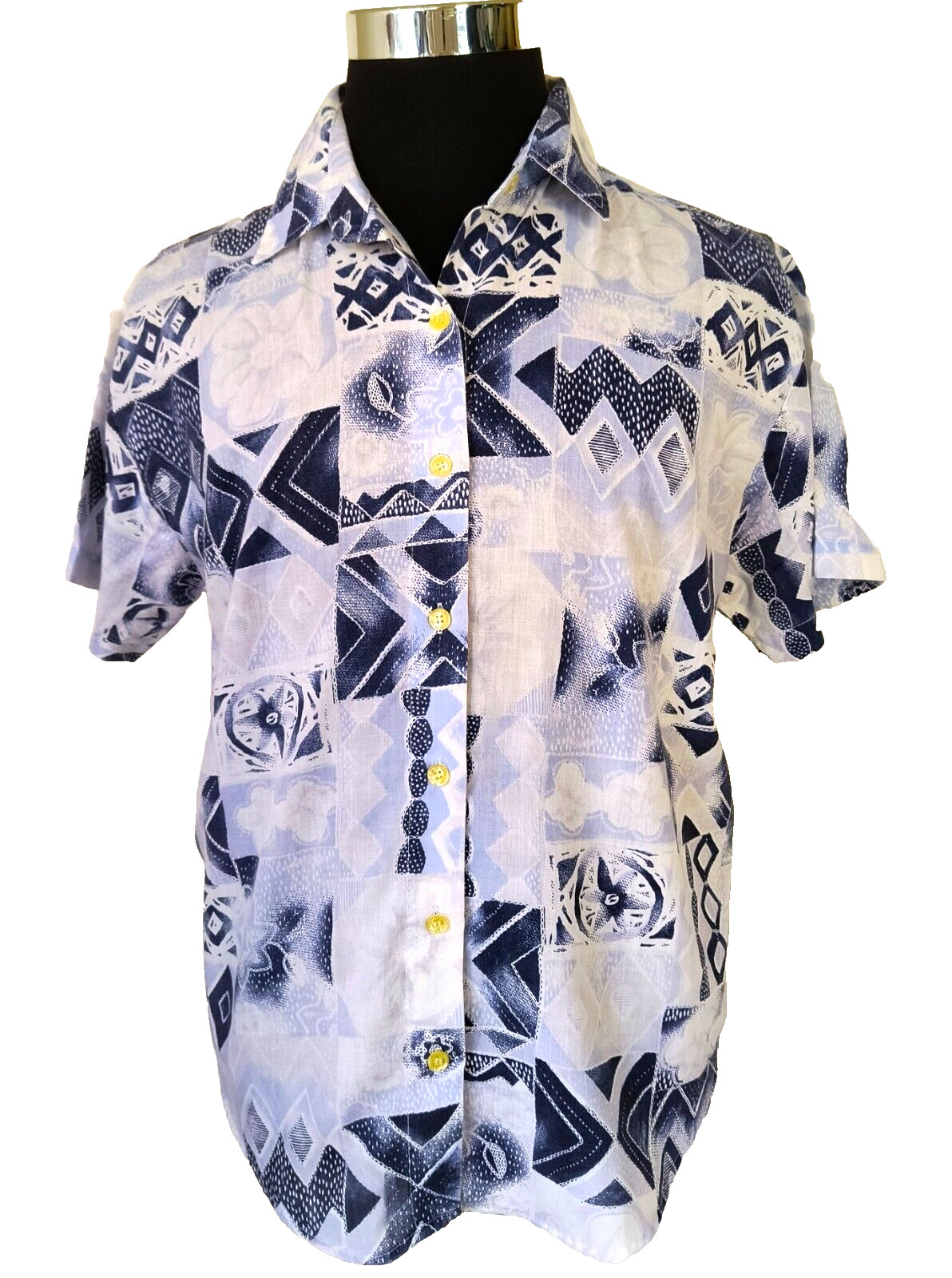 Cascade Blues Women’s Blouse Size Large Blue White Cotton Blend Short Sleeves