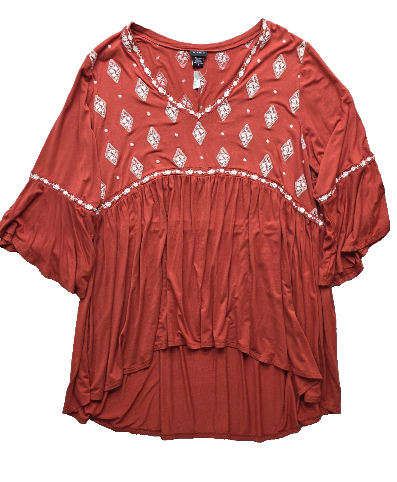 TORRID Blouse Women’s 5X Rust Embroider Floral V Neck Tunic Top NWT