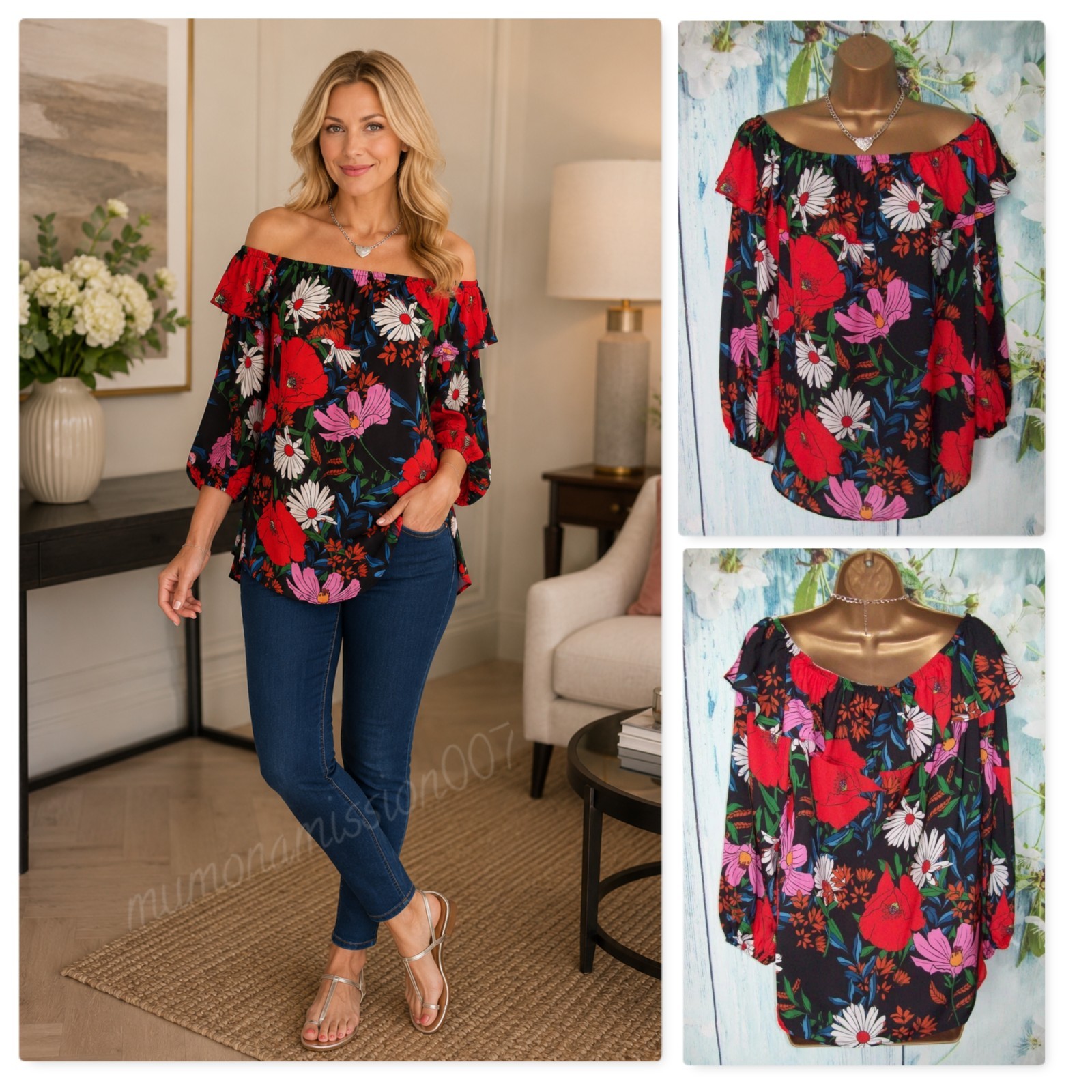 NEW Wallis Black Floral Bardot Top UK 16 Off The Shoulder Occasion Blouse NWT