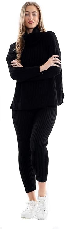 Womens Knitted High Roll Neck Tracksuit Ladies Ribbed Loungewear Suit Co-ord Set