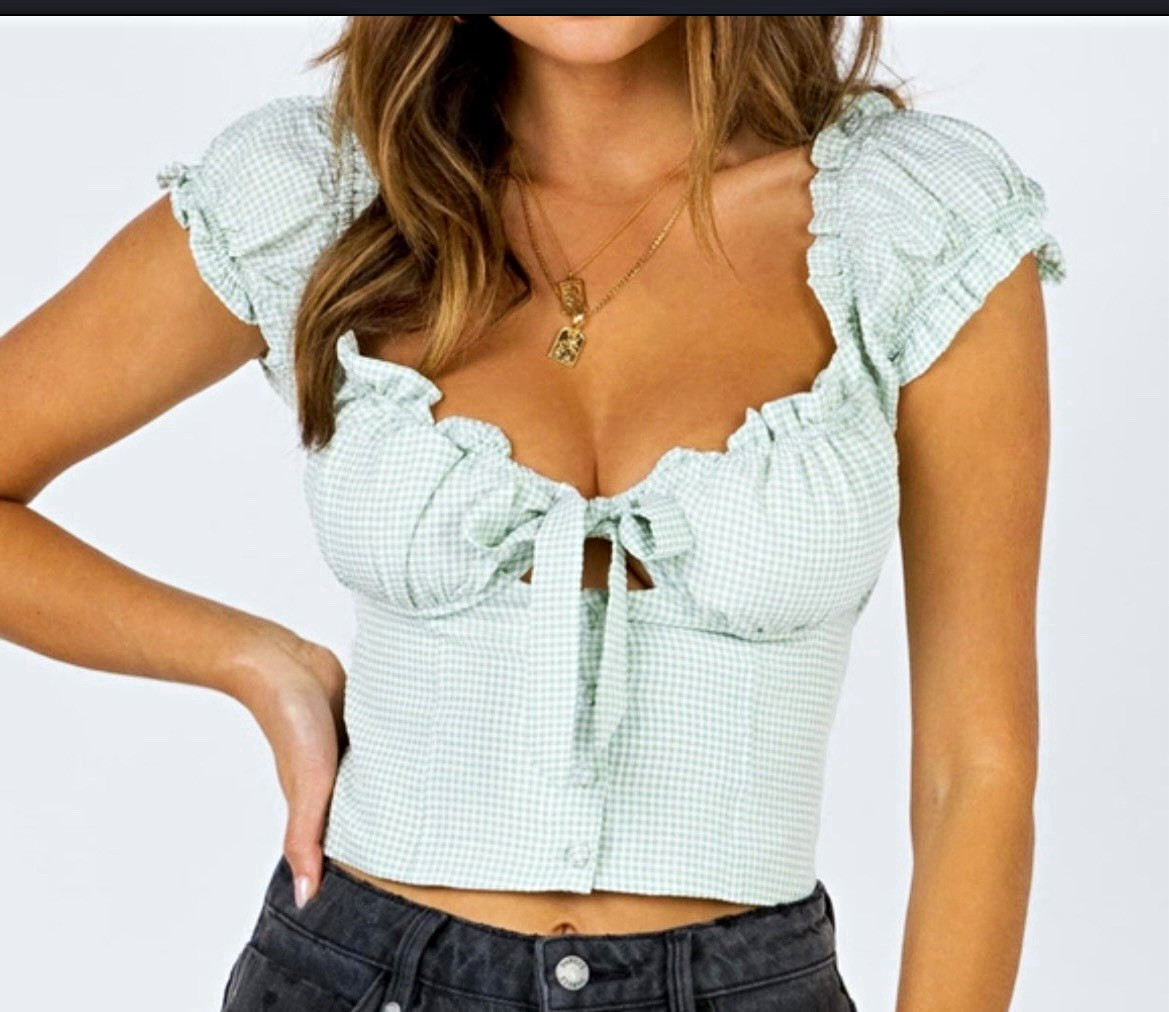 Princess Polly Green White Gingham Cropped Puff Sleeve Square Neck Blouse 16
