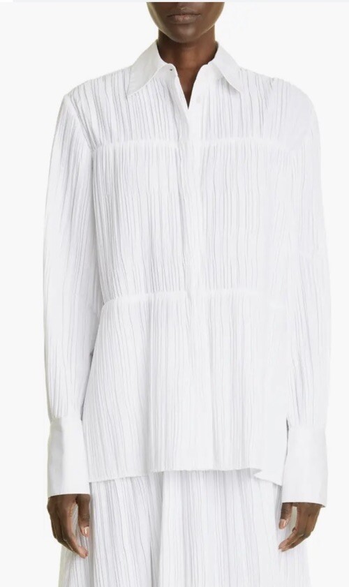 NWT CO White Tiered Plisse Pleated Button Down Shirt Smocked Oversized Small HTF