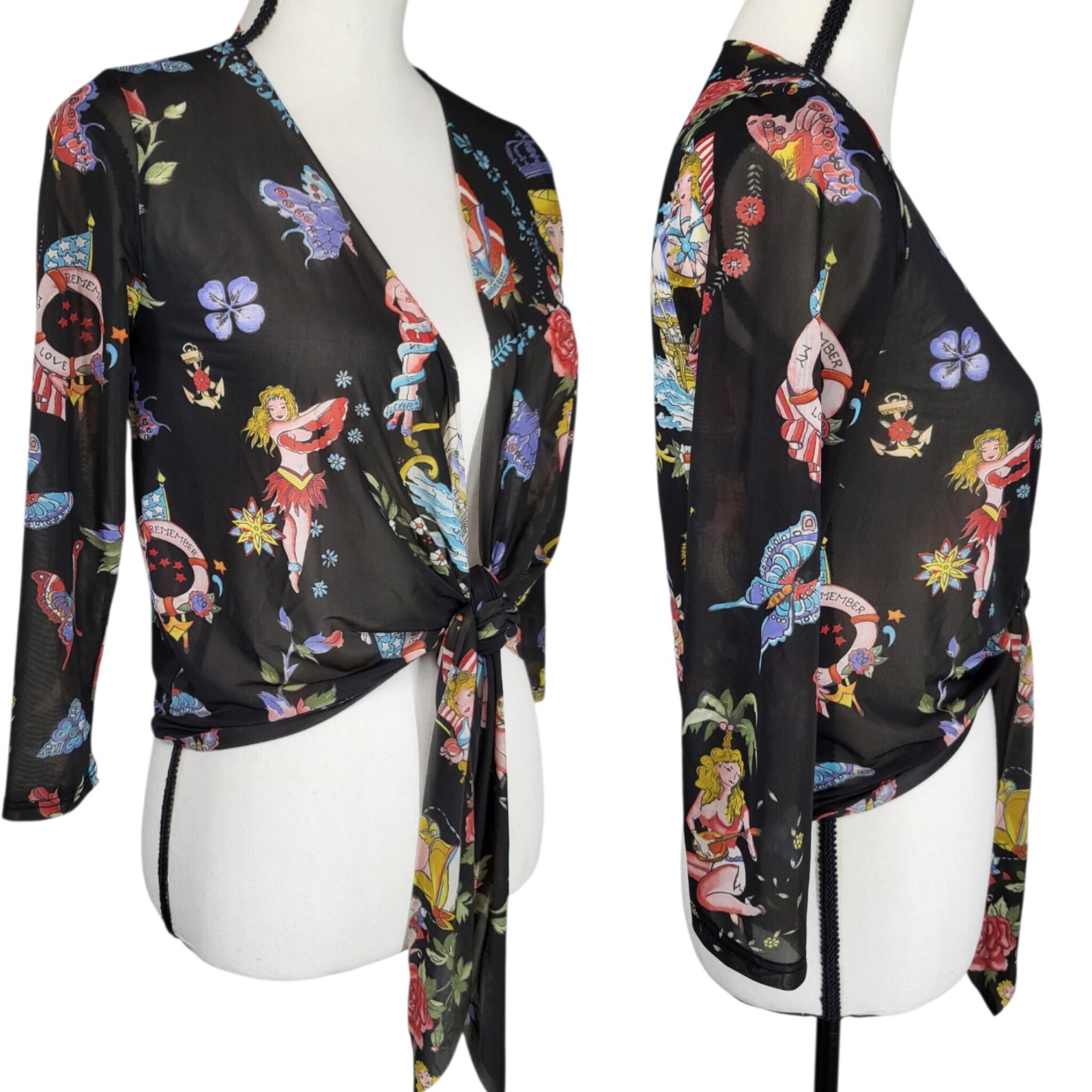 Only Hearts NYC Mesh Tie-front Top Tattoo Print Pin Up Rockabilly Cowboycore M/L