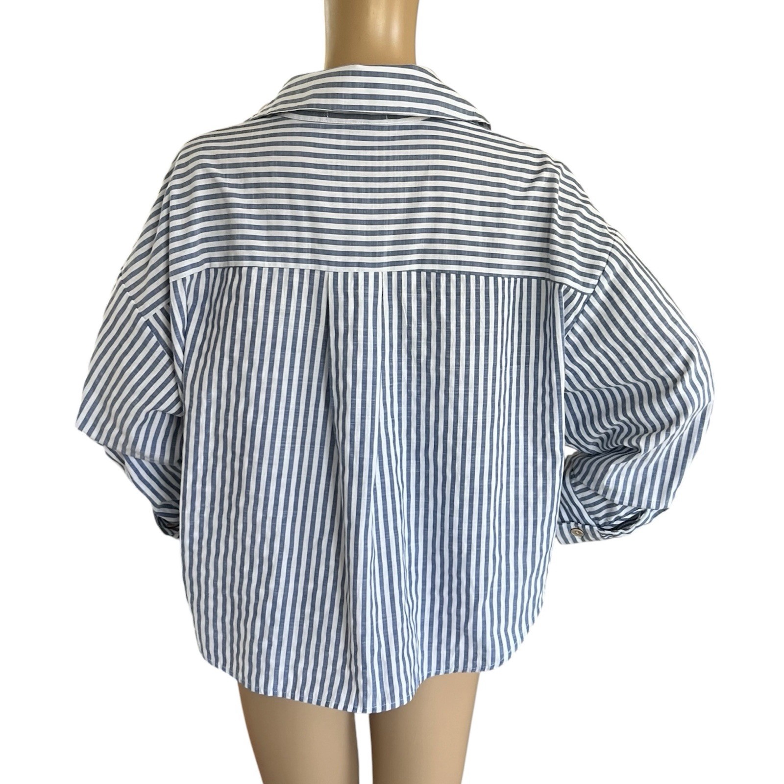 Cider button-down shirt blue white striped twist-front hem rolled tab sleeves XL